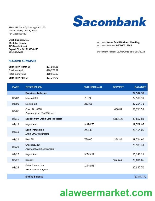 Sacombank organization checking account statement Word and PDF template